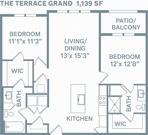 Floor plan for 2 beds, 2 baths, 1139 sqft